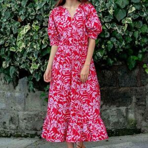 Voyageur by Mersea Hedy Tropical Floral Print Maxi Dress Pink Red Puff Sleeve M